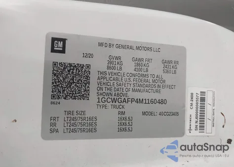 2021 Chevrolet Express Cargo Rwd 2500 Regular Wheelbase Wt z USA, uszkodzony, nr VIN 1GCWGAFP4M1160480